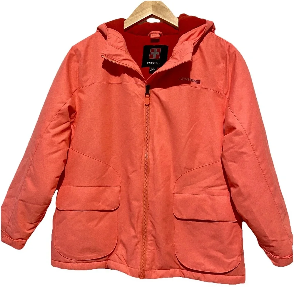 SwissTech Girls Size L 10-12 Orange/Coral Hooded Coat Zip-Up‎ * Outer Coat Only